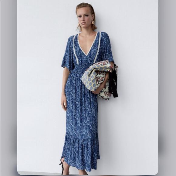 Zara Blue | Indigo Printed Midi Dress Size Extra Small XS - Picture 1 of 8